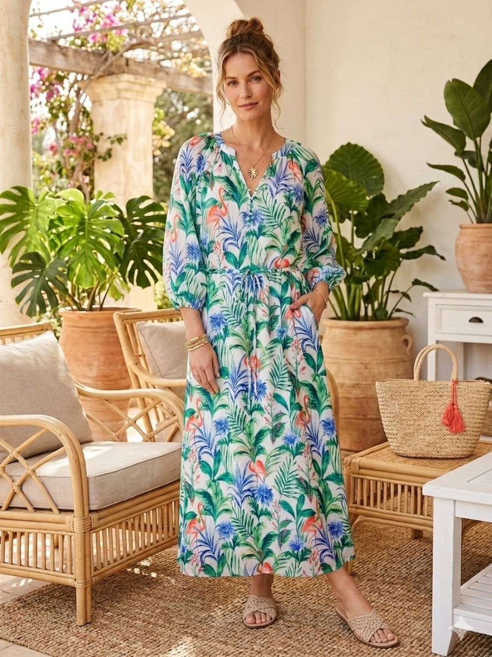 Tropical V-Neck Maxi Dress in Green & Blue